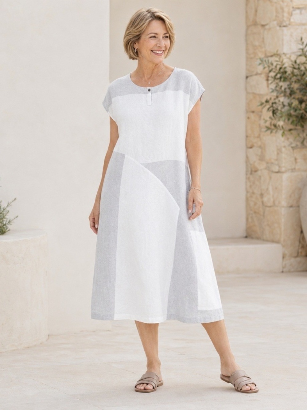 J Jill Pure Jill 100% Linen Lagenlook Colorblock Shift Midi Dress XLP.